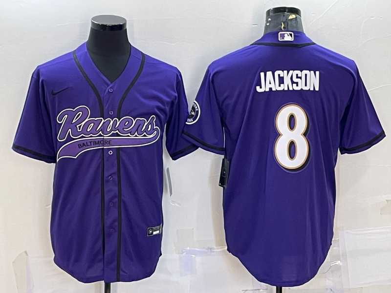 Mens Baltimore Ravens #8 Lamar Jackson Purple With Patch Cool Base Stitched Baseball Jersey